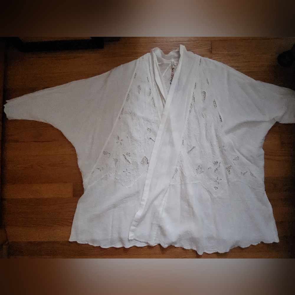 Free People Cool Nights Embroidered Kimono Cardigan Ivory Cotton Blend Size L - Picture 4 of 16